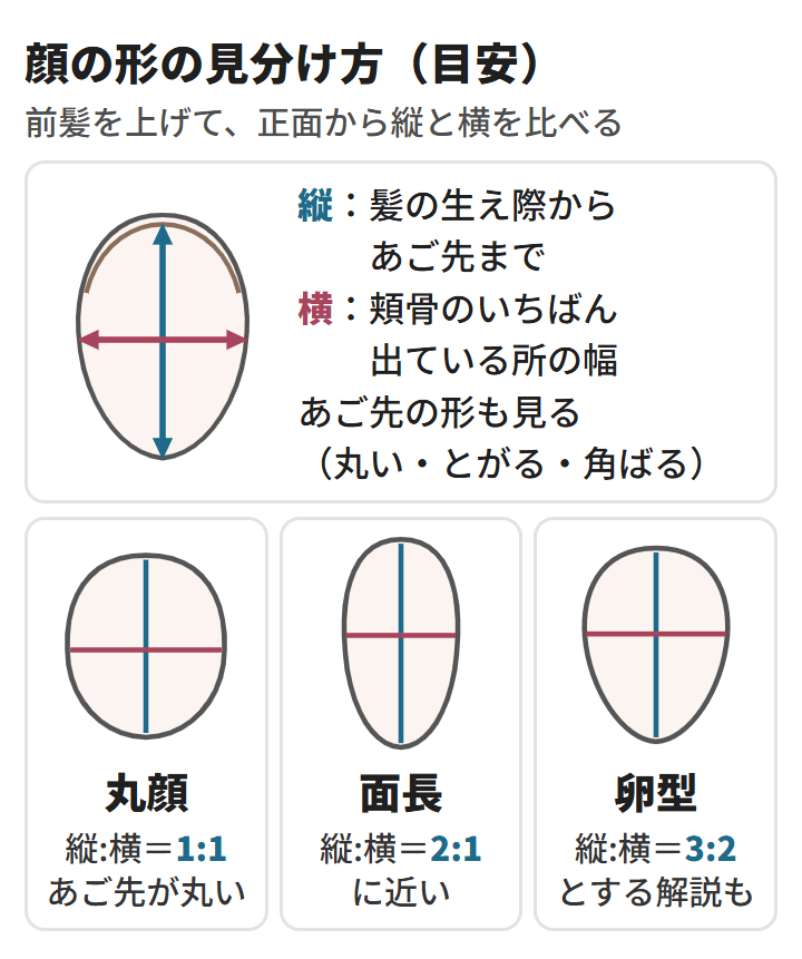 顔の形の見分け方の図。縦(髪の生え際からあご先)と横(頬骨のいちばん出ている所の幅)を比べる。丸顔は1:1、面長は2:1に近い、卵型は3:2とする解説もある