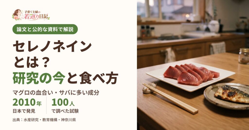 セレノネインとは?研究の今と食べ方。マグロの刺身と焼いたサバの皿